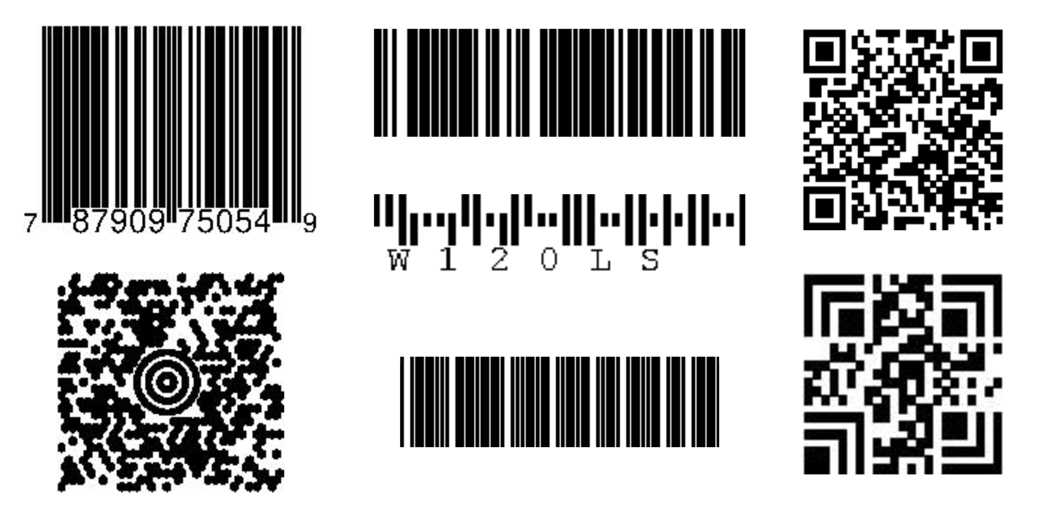 A selection of barcodes generated with treepoem, using symbologies from the common to the obscure. Columnwise starting in top left: UPC-A, Maxicode, Code 128, Royal Mail 4 State Customer Code, QR Code, Italian Pharmacode, Aztec Code.
