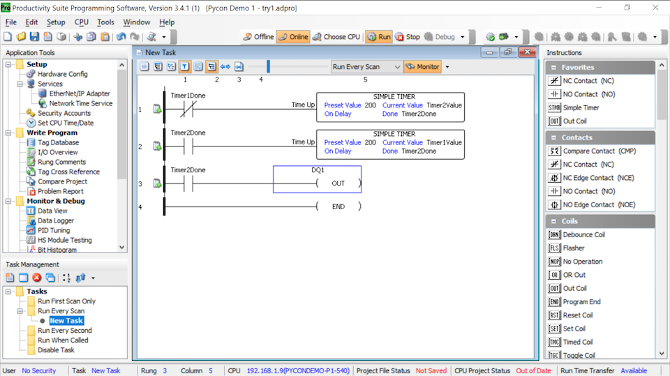 Screenshot of a simple ladder logic program taken in Automation Direct's Productivity software