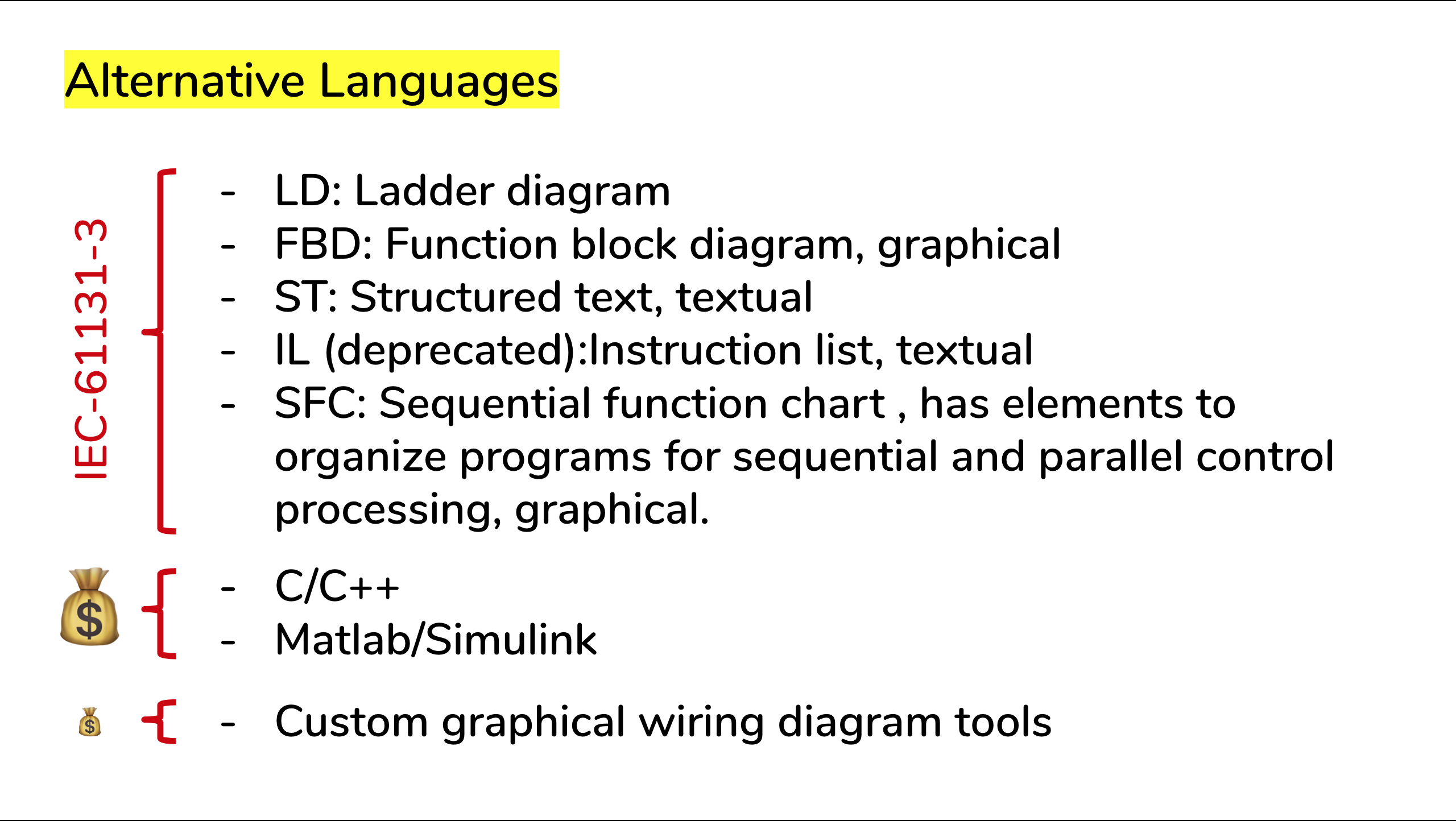 Languages other than ladder logic that can be used to program (some) PLCs. Skipped slide from my Pycon 2019 presentation.